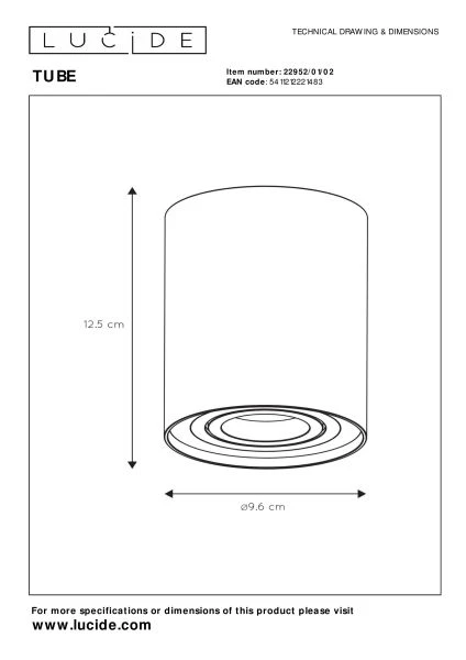 Lucide TUBE - Plafondspot - Ø 9,6 cm - 1xGU10 - Mat Goud / Messing - technisch